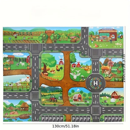 Kids Play Mat with Farm & Road Design for Toy Cars & Animals - Educational Activity Rug for Toddlers & Preschoolers