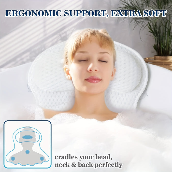 Spa Bath Pillow with Neck and Back Support – 4D Air Mesh Cushion with Suction Cups for Bathtub Relaxation