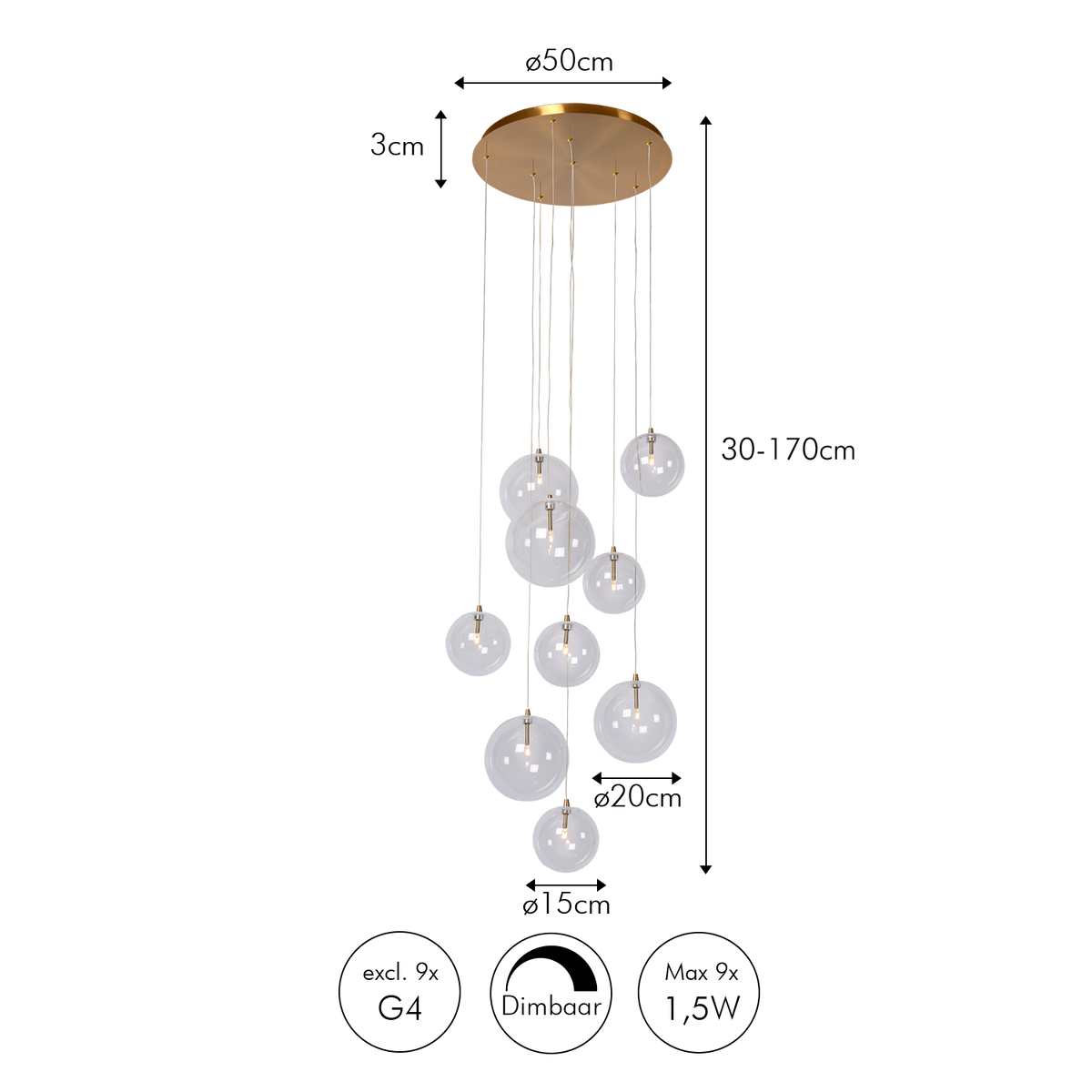 Multi-Globe Chandelier with Adjustable Drop Height 20 Inch Brass Finish for Dining Table Entry Foyer Kitchen Island Statement Lighting