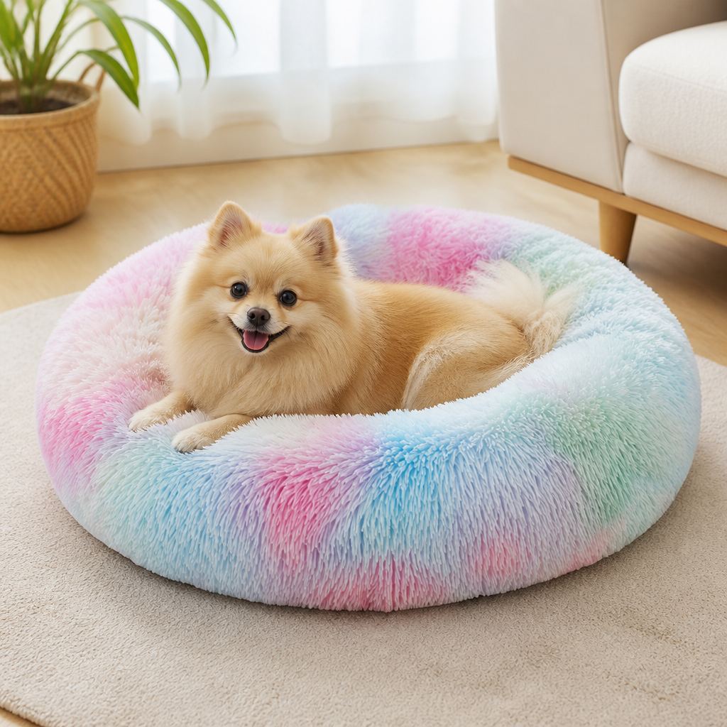 Ortekor Plush Long-Pile Tie-Dye Round Dog Bed