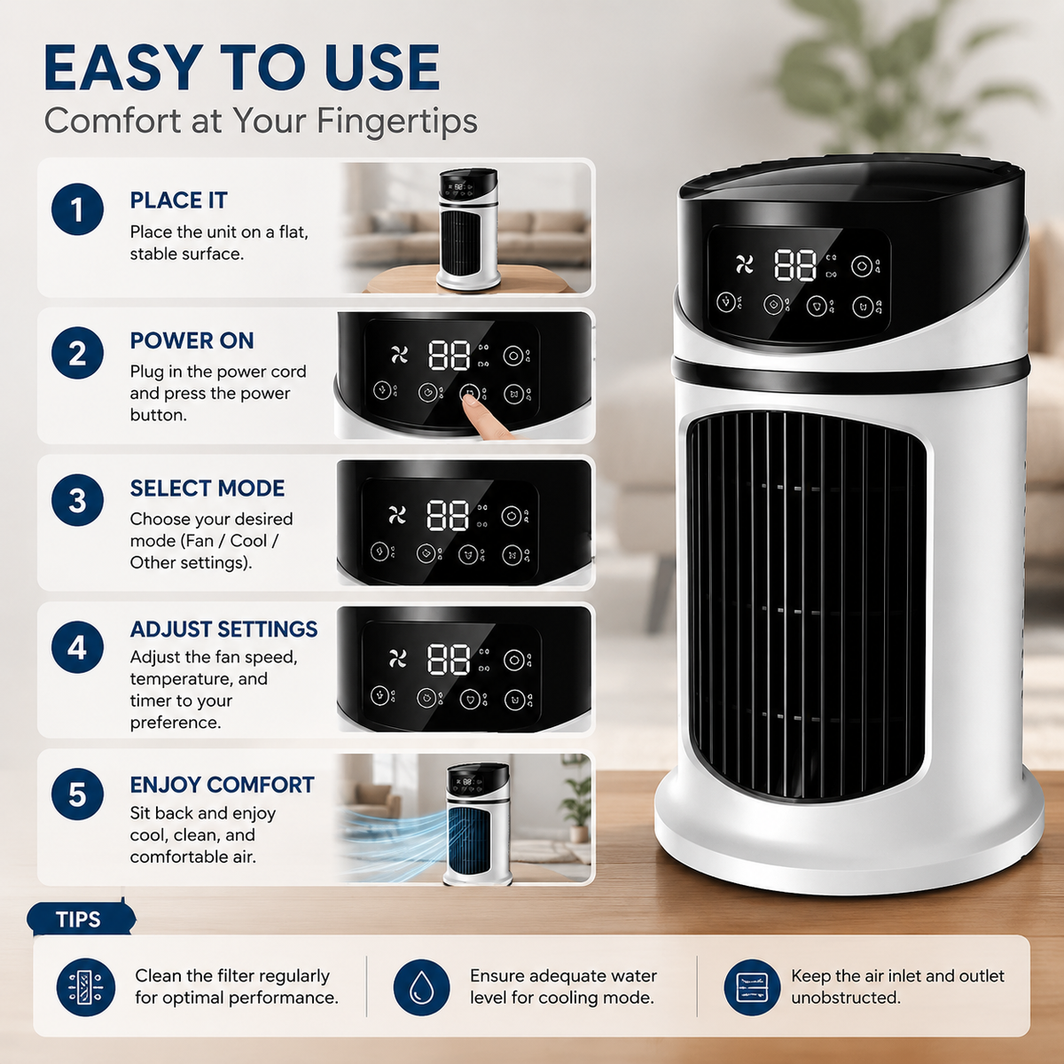Compact Personal Cooler – Windowless Evaporative Air Cooler for Bedroom, Office & Small Spaces – Portable Desktop Cooling Unit for Home &