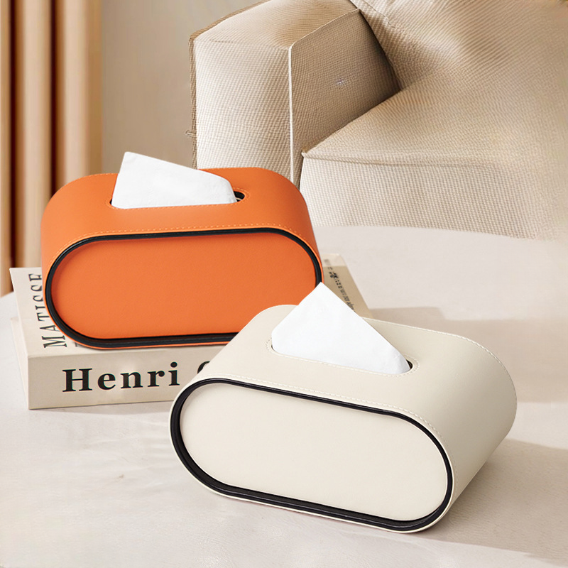 Faux Leather Tissue Holder Oval Desktop Organizer for Home Office Bedroom Bathroom Soft-Close Dispenser Gray Beige Orange
