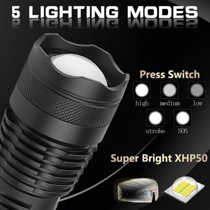 Rechargeable LED Tactical Flashlight USB Zoom Adjustable 90000 Lumen Handheld Torch for Camping Hiking Emergency