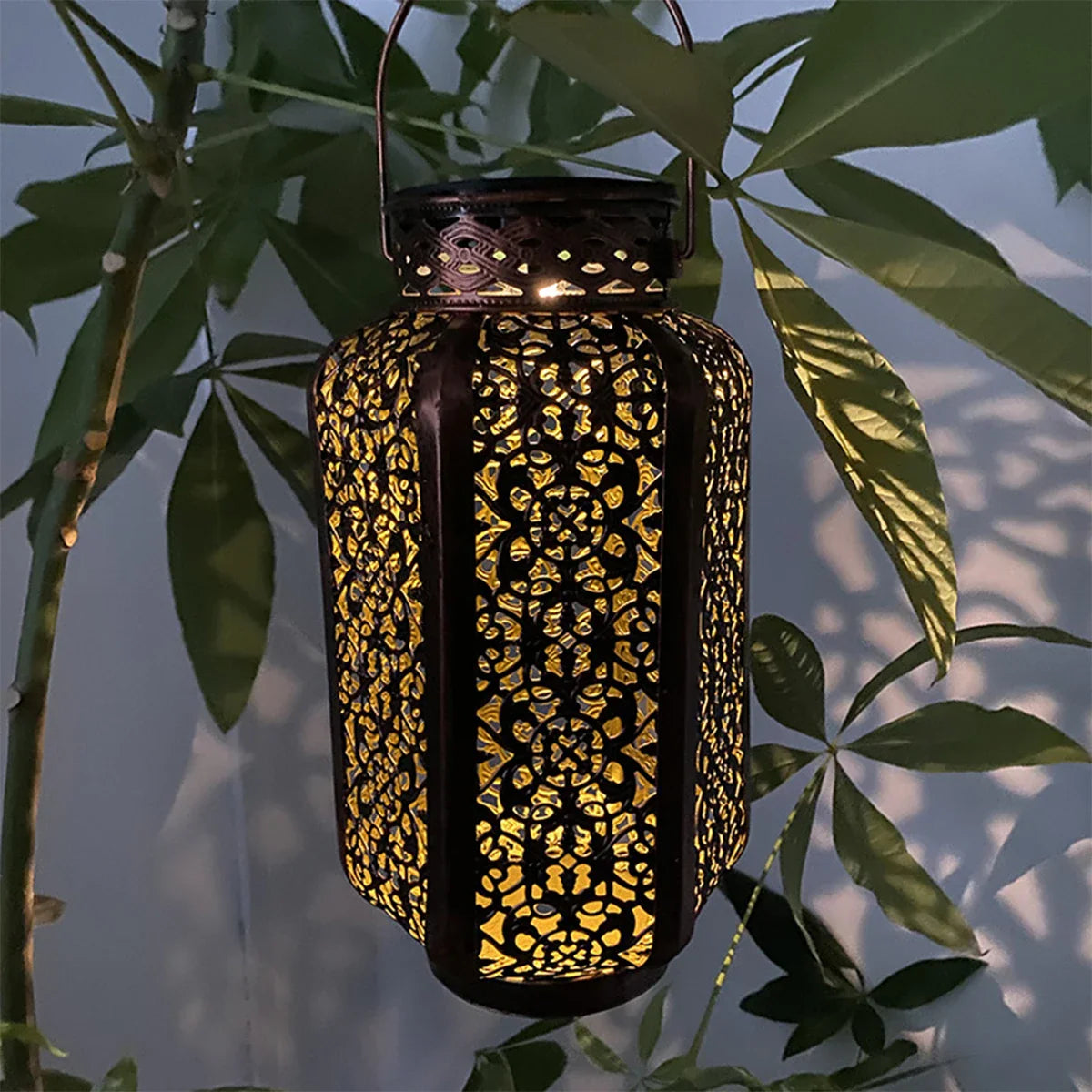 Sun-Charged Metal Garden Lantern with Cutout Moroccan Design for Porch, Deck & Yard Lighting