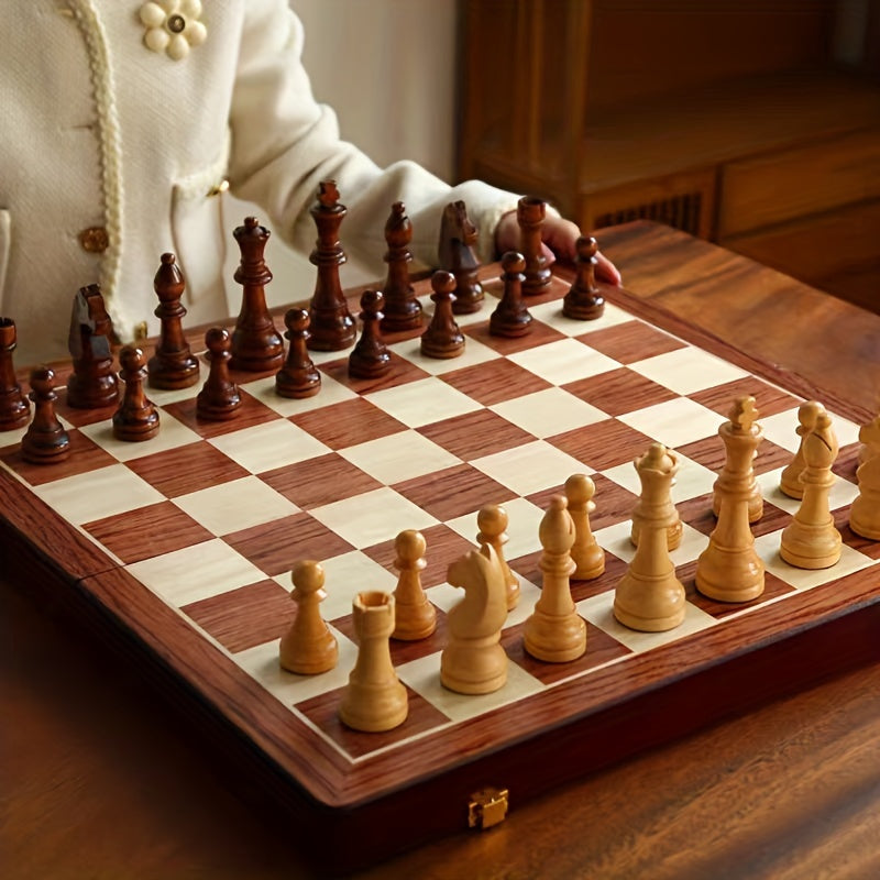 Handcrafted Wooden Chess Set with Weighted Pieces & Folding Board | Storage Inside | Walnut & Maple Inlay Design | Adult & Kids Strategy