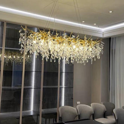 Crystal Branch Chandelier with LED Lights for Dining Room & Living Space | Modern Hanging Fixture | Adjustable Chain | Round or Rectangular