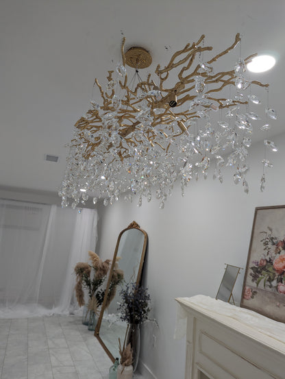 Crystal Branch Chandelier with LED Lights for Dining Room & Living Space | Modern Hanging Fixture | Adjustable Chain | Round or Rectangular
