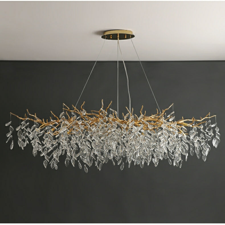Crystal Branch Chandelier with LED Lights for Dining Room & Living Space | Modern Hanging Fixture | Adjustable Chain | Round or Rectangular