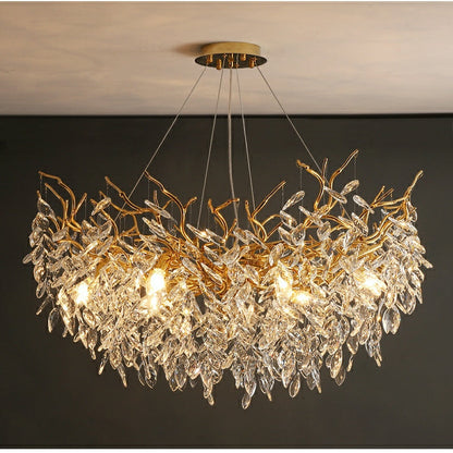 Crystal Branch Chandelier with LED Lights for Dining Room & Living Space | Modern Hanging Fixture | Adjustable Chain | Round or Rectangular