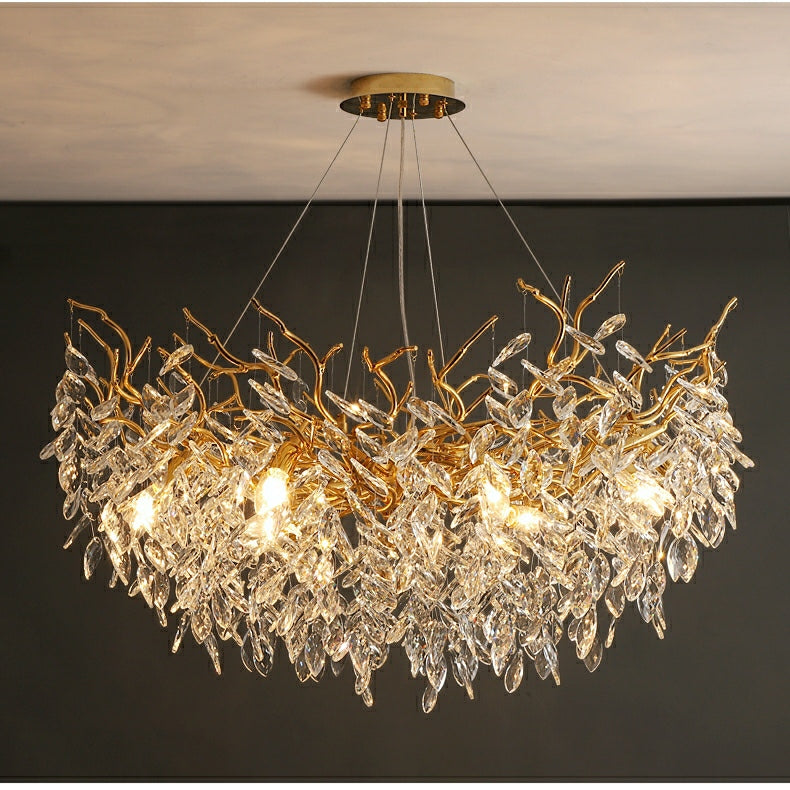 Crystal Branch Chandelier with LED Lights for Dining Room & Living Space | Modern Hanging Fixture | Adjustable Chain | Round or Rectangular
