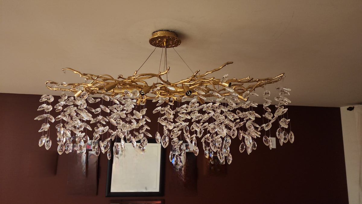 Crystal Branch Chandelier with LED Lights for Dining Room & Living Space | Modern Hanging Fixture | Adjustable Chain | Round or Rectangular