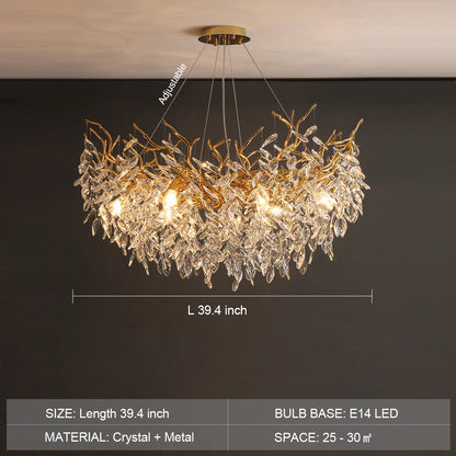 Crystal Branch Chandelier with LED Lights for Dining Room & Living Space | Modern Hanging Fixture | Adjustable Chain | Round or Rectangular