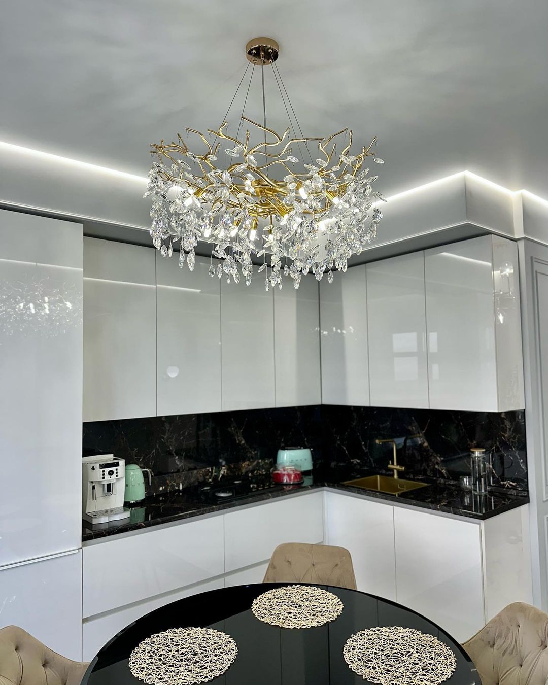 Crystal Branch Chandelier with LED Lights for Dining Room & Living Space | Modern Hanging Fixture | Adjustable Chain | Round or Rectangular