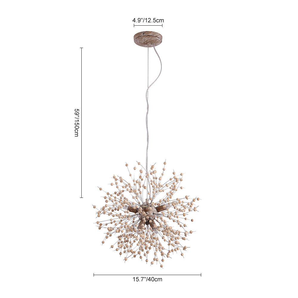 Dandelion Burst Pendant Light with Wooden Beads | Starburst Chandelier for Dining Room & Living Room | Adjustable Height Ceiling Light