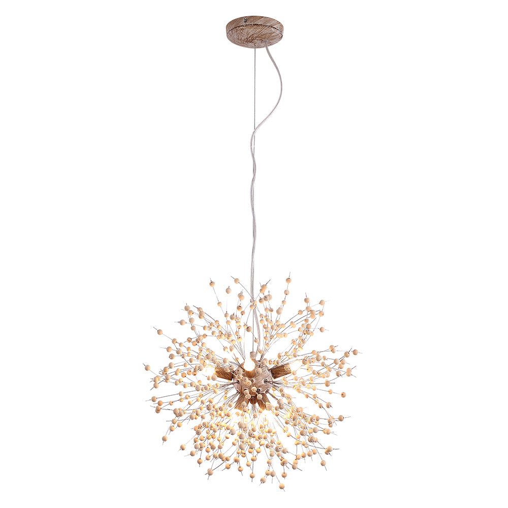 Dandelion Burst Pendant Light with Wooden Beads | Starburst Chandelier for Dining Room & Living Room | Adjustable Height Ceiling Light