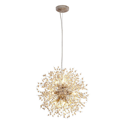 Dandelion Burst Pendant Light with Wooden Beads | Starburst Chandelier for Dining Room & Living Room | Adjustable Height Ceiling Light