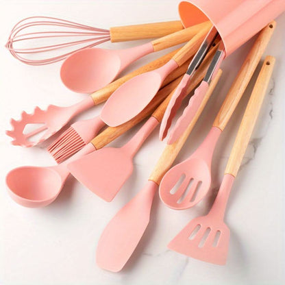 12-Piece Silicone Kitchen Utensil Set with Wooden Handles – Heat Resistant to 446°F, Dishwasher Safe, BPA-Free Cooking Tools