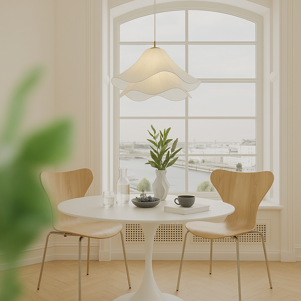 Layered Fabric Hanging Lamp 24 Inch Floral Ceiling Light for Dining Room Living Room Kitchen Modern Minimalist Adjustable Drop Fixture Neutr
