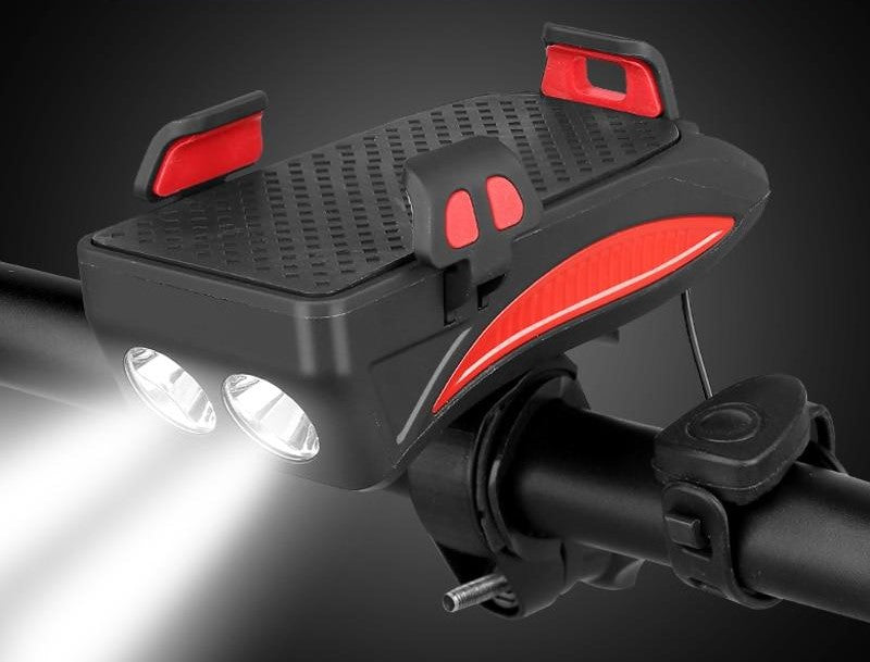 Bicycle Smartphone Mount with 4000mAh Charger LED Headlight Horn Combo for Handlebars | Multi-Function Cycling Accessory for Commuters Road