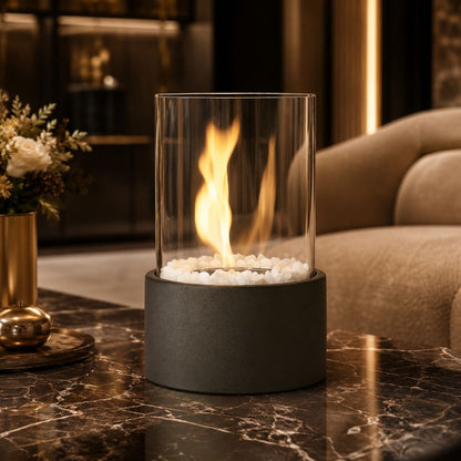 Tabletop Ethanol Burner with Glass Cylinder & Marble Base for Indoor Outdoor Patio Dining Living Room Portable Flame Centerpiece Decor