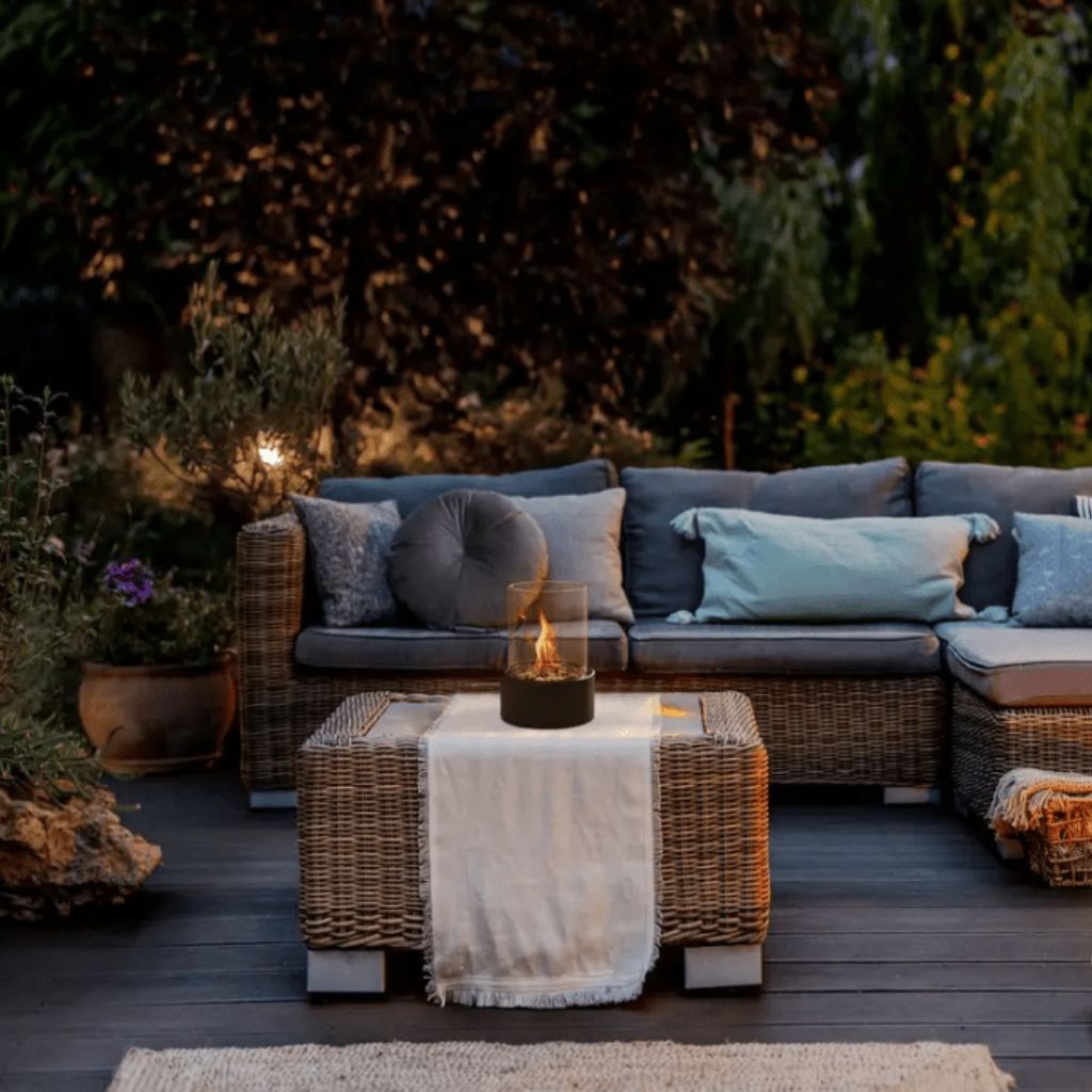 Tabletop Ethanol Burner with Glass Cylinder & Marble Base for Indoor Outdoor Patio Dining Living Room Portable Flame Centerpiece Decor