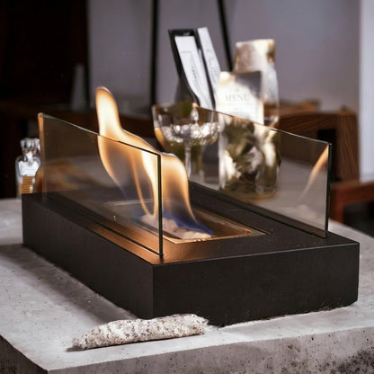 Portable Tabletop Fireplace Real Flame Bio Ethanol Burner for Indoor Outdoor Patio Living Room Rectangle Glass Steel Fire Pit Centerpiece