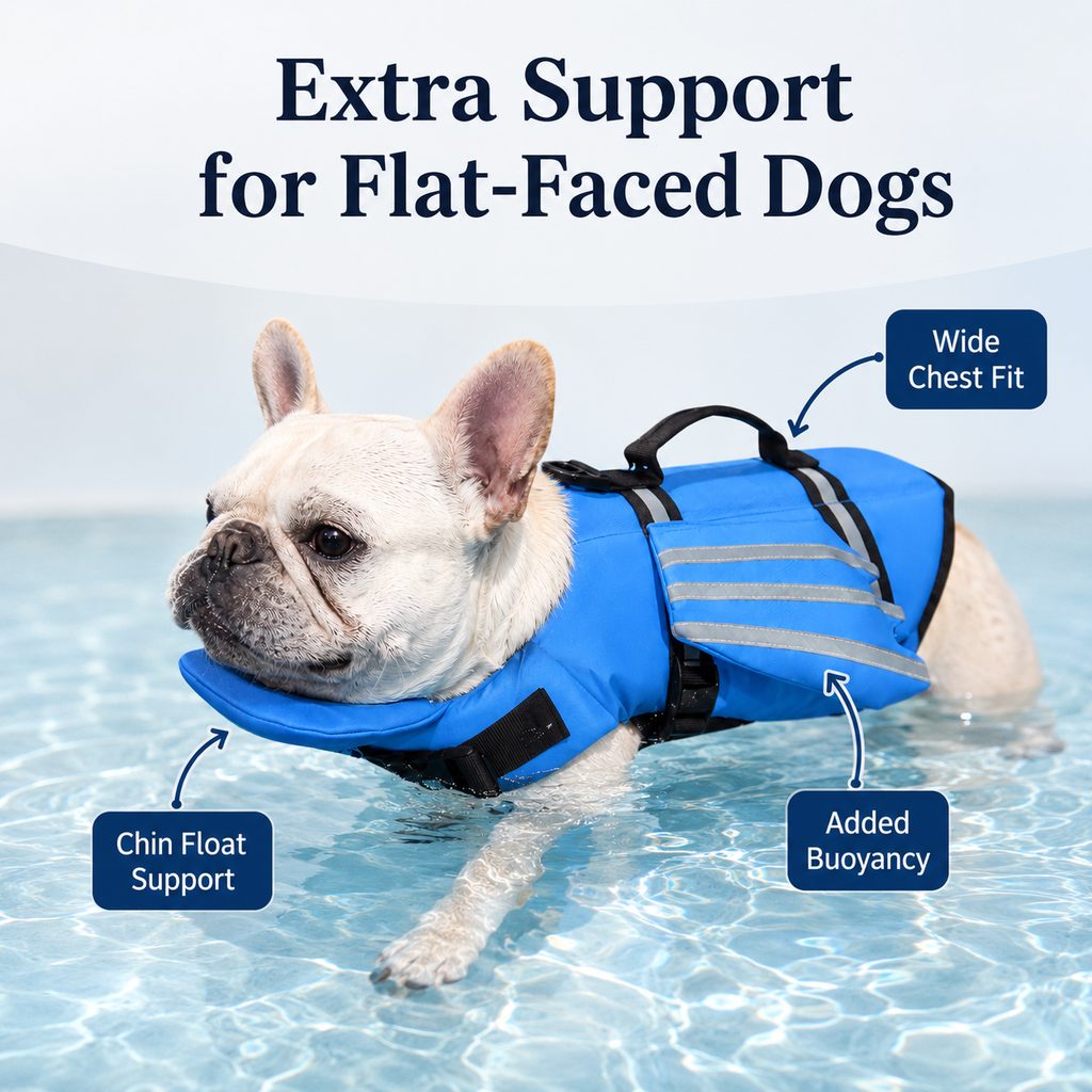Ortekor French Bulldog Pool & Beach Reflective Angel-Wing Dog Life Jacket - Chin Float Support for Flat-Faced Dogs