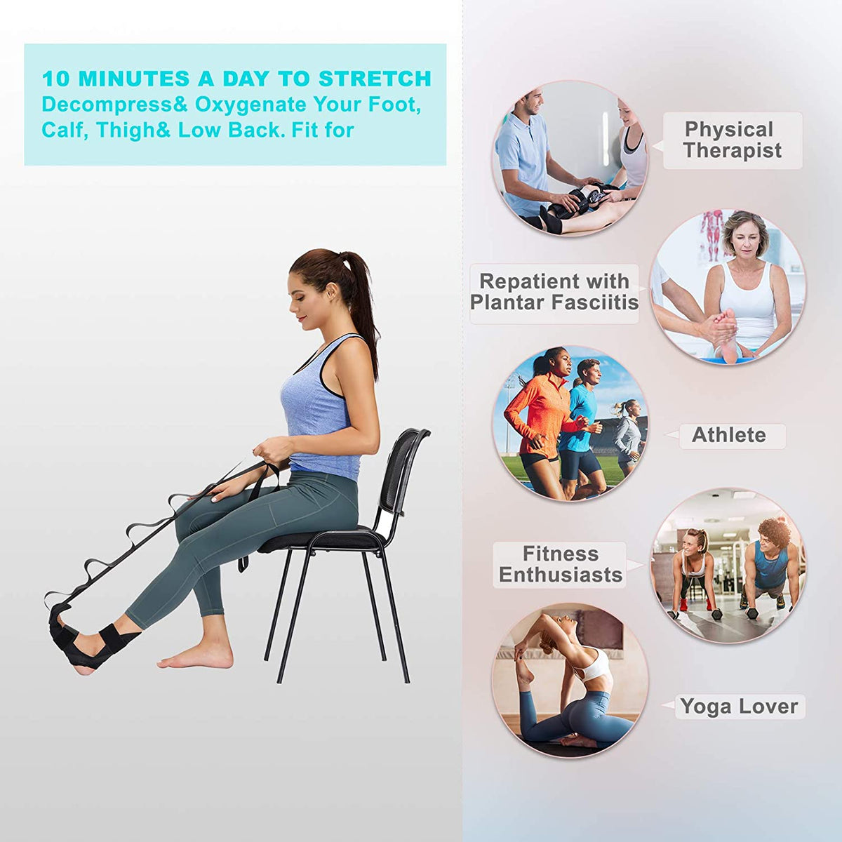 Adjustable Leg Stretching Strap with Multi-Loop Design for Hamstring Flexibility, Plantar Fasciitis Recovery & Back Tension Relief