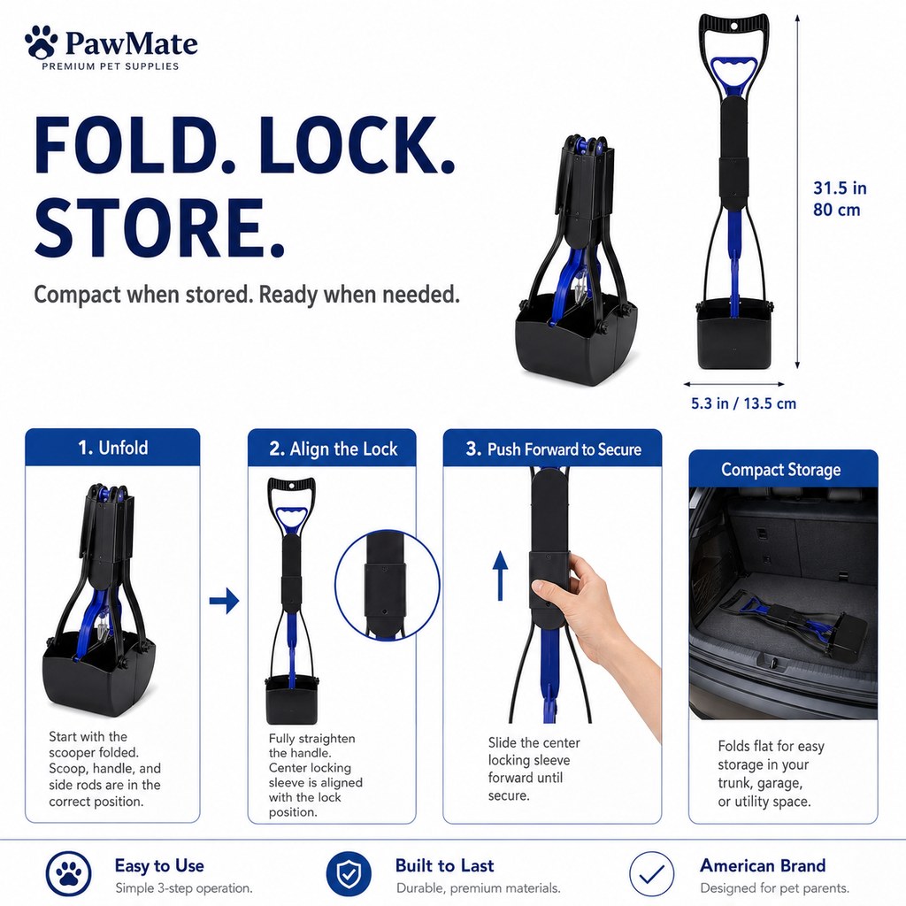 Ortekor Foldable Long-Handle Dog Pooper Scooper for Yard & Walks - One-Hand Bag-Lined Pickup
