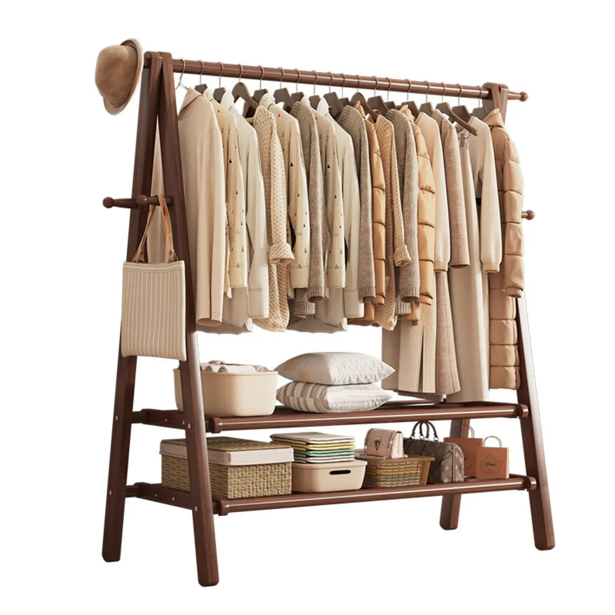 Freestanding Wood Garment Rack 59 in Tall with Hooks & Shelf for Entryway Clothes Hanging Storage Collapsible A-Frame Stand
