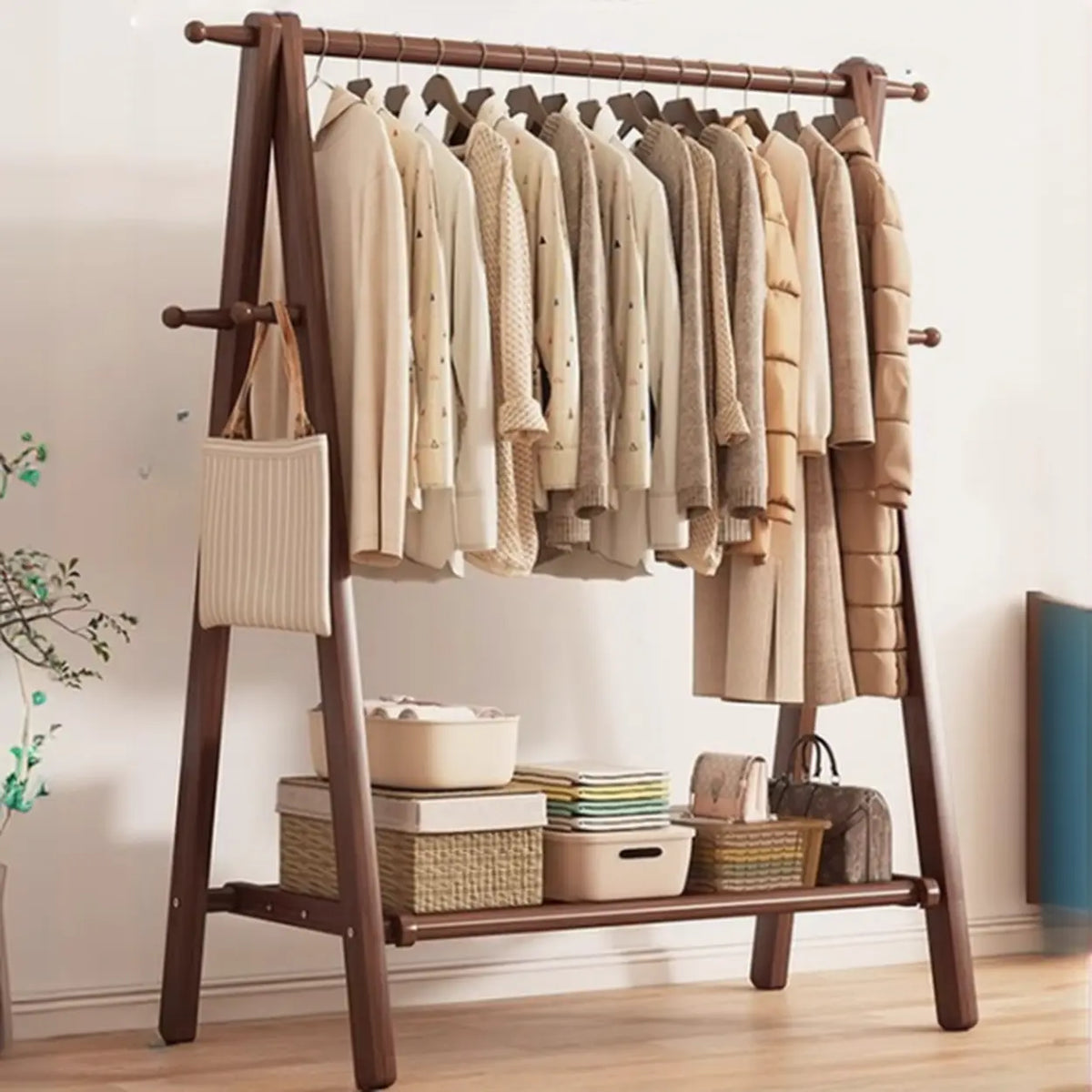 Freestanding Wood Garment Rack 59 in Tall with Hooks & Shelf for Entryway Clothes Hanging Storage Collapsible A-Frame Stand