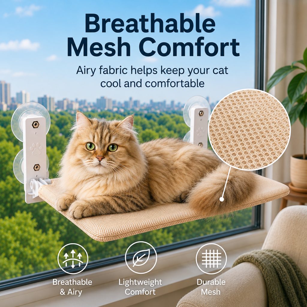 Ortekor Foldable Cat Window Hammock for Apartments - No-Drill Suction Perch for Sunny Naps Without Taking Up Floor Space