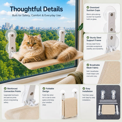 Ortekor Foldable Cat Window Hammock for Apartments - No-Drill Suction Perch for Sunny Naps Without Taking Up Floor Space