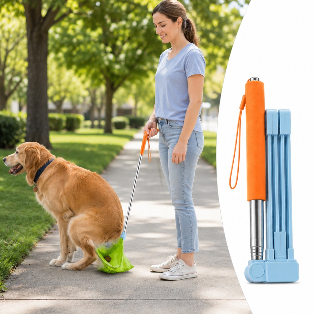 Ortekor Foldable Dog Poop Catcher for Walks - No-Bend Waste Pickup Tool with Telescopic Handle