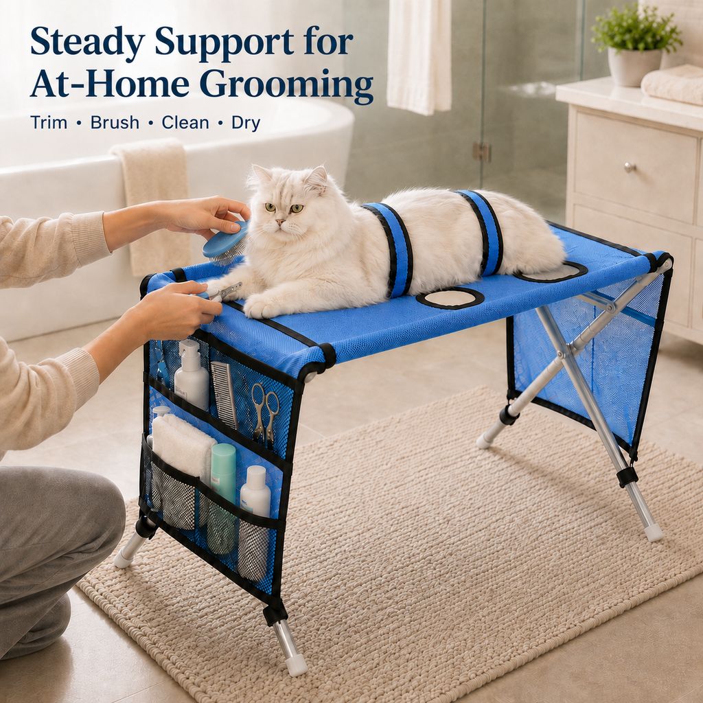 Ortekor Foldable Pet Grooming Table with 4 Leg Openings - Steadier At-Home Bathing & Nail Trimming for Cats & Small Dogs