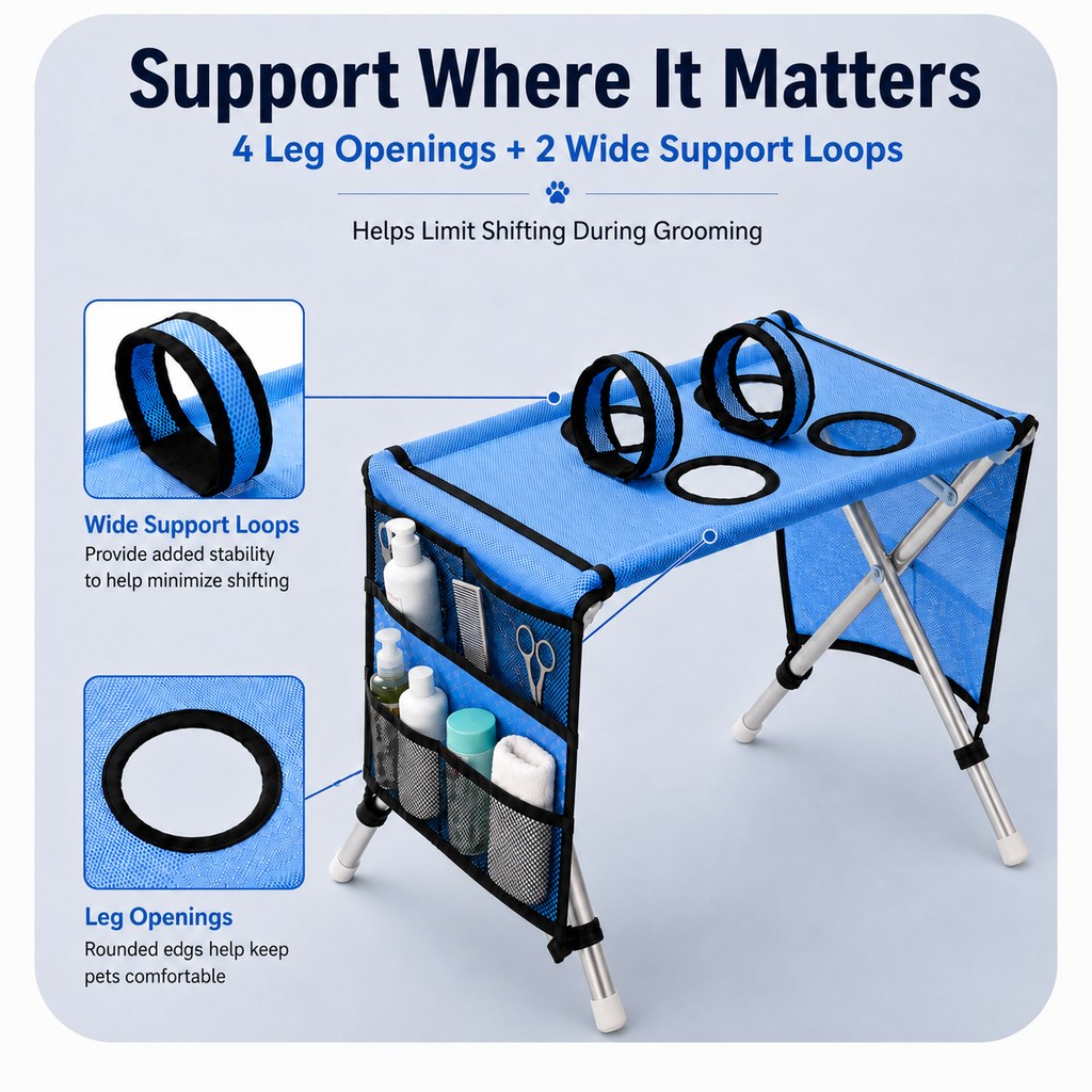 Ortekor Foldable Pet Grooming Table with 4 Leg Openings - Steadier At-Home Bathing & Nail Trimming for Cats & Small Dogs
