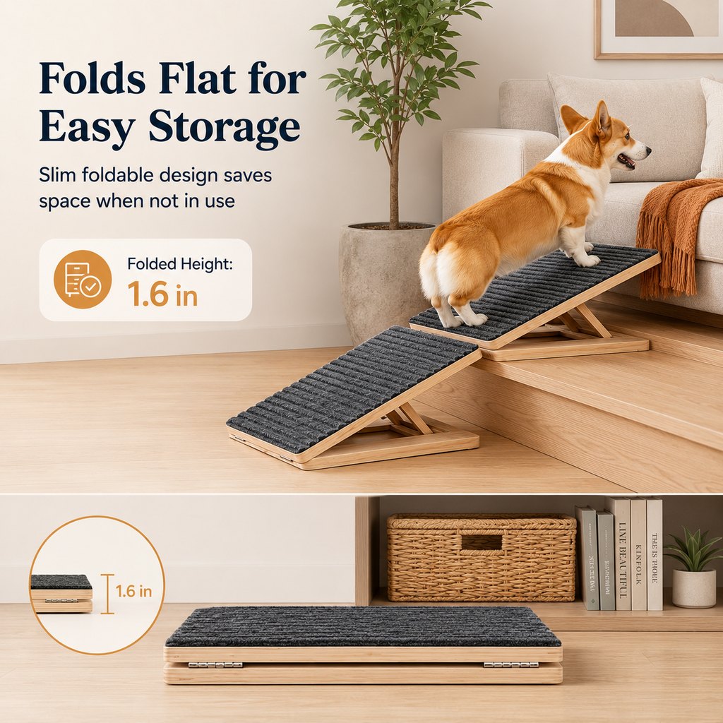 Ortekor Foldable Wooden Dog Stairs for Small Dogs - Non-Slip Pet Ramp for Sofa, Bed & Indoor Steps