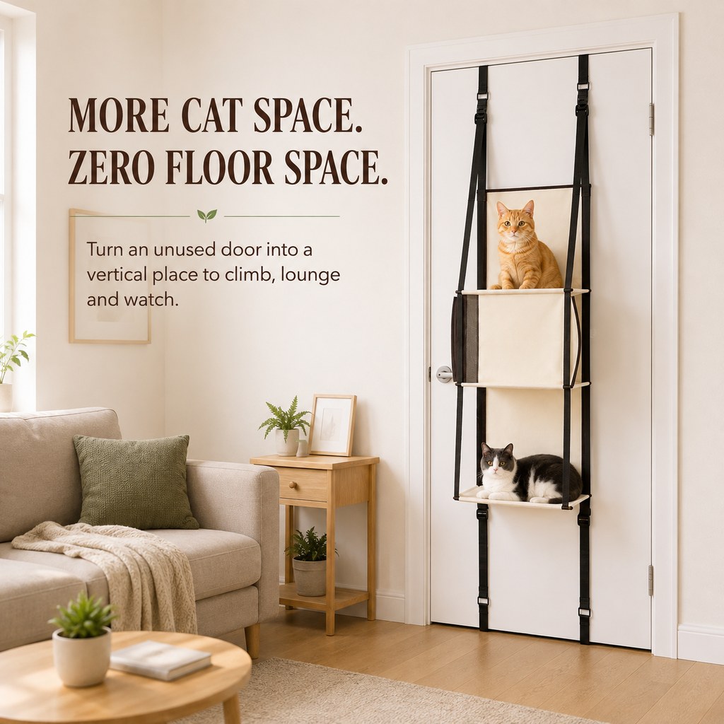 Ortekor 3-Tier Door-Mounted Hanging Cat Tree for Apartments – Foldable Space-Saving Cat Climber & Lounge
