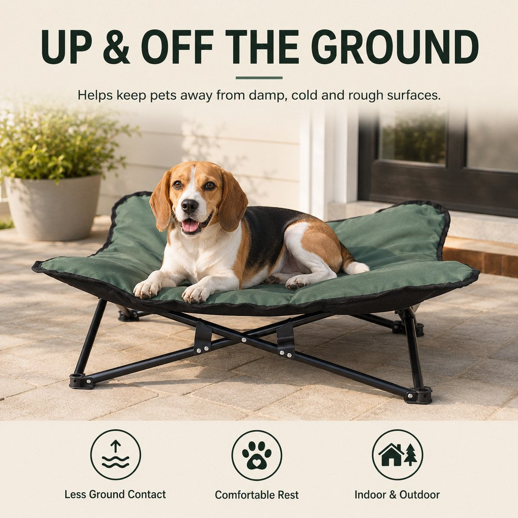 Ortekor Portable Folding Elevated Pet Bed for Dogs & Cats – Padded Raised Cot for Camping, Patio & Home, Keeps Pets Off Cold, Damp & Hard Ground