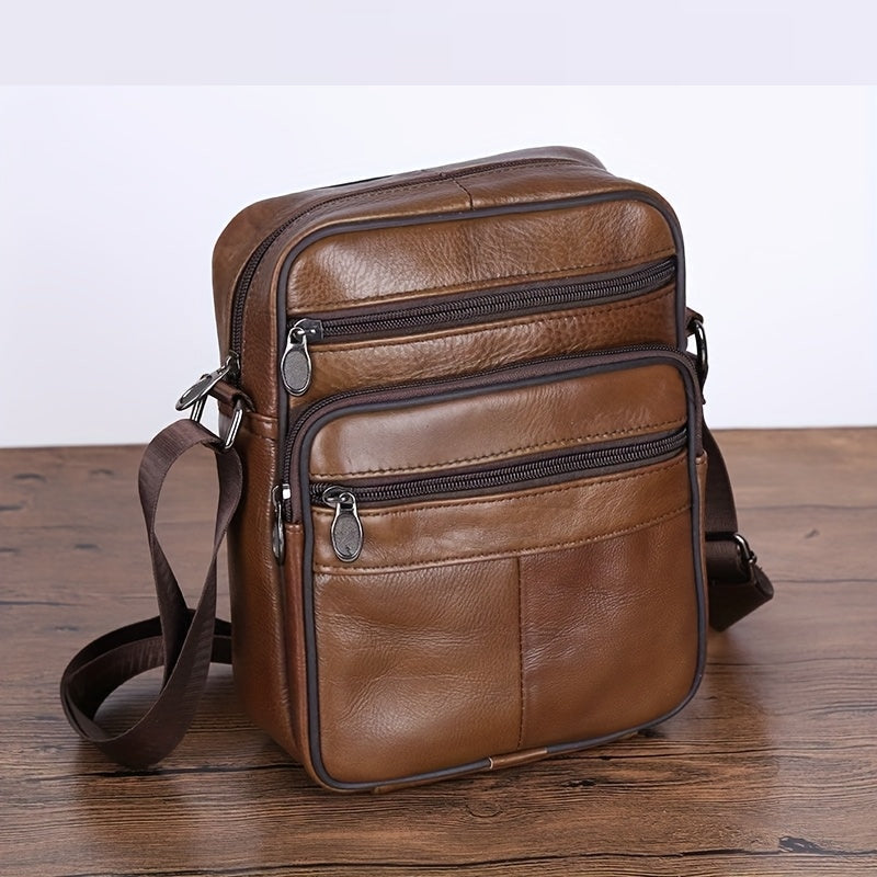 Men's Genuine Leather Crossbody Messenger Bag with Adjustable Strap - Full Grain Cowhide Shoulder Bag for Work Travel Daily Use