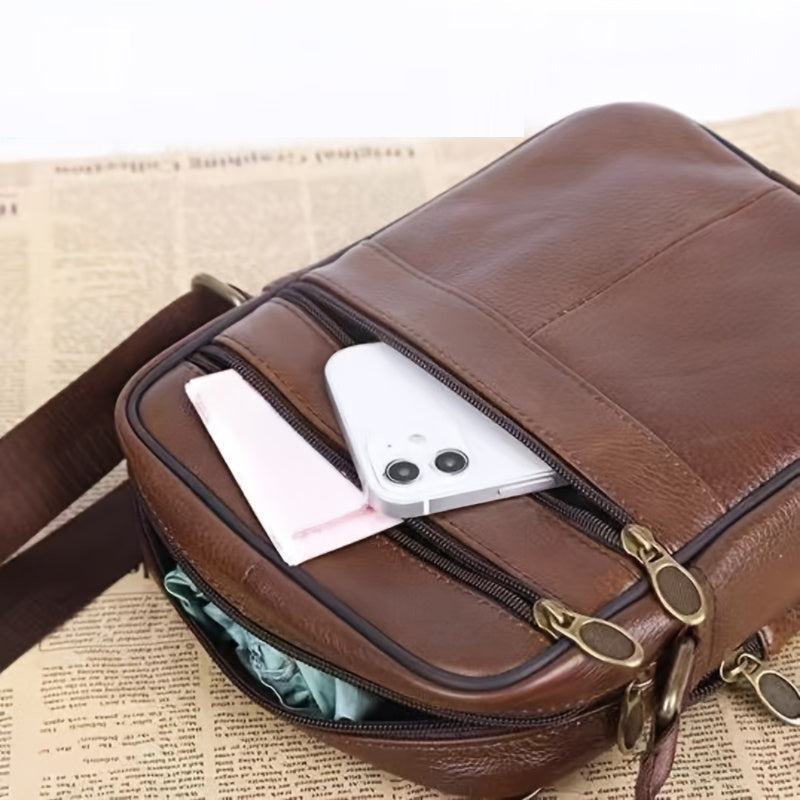 Men's Genuine Leather Crossbody Messenger Bag with Adjustable Strap - Full Grain Cowhide Shoulder Bag for Work Travel Daily Use
