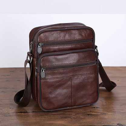 Men's Genuine Leather Crossbody Messenger Bag with Adjustable Strap - Full Grain Cowhide Shoulder Bag for Work Travel Daily Use