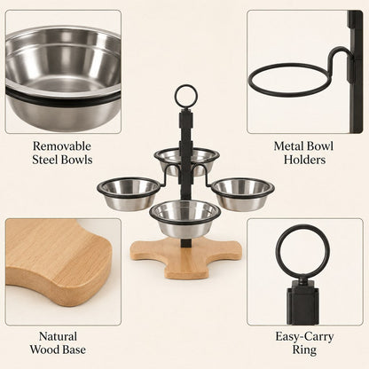 Ortekor 4-Bowl Elevated Pet Feeding Station for Cats & Small Dogs – 3-Level Bowl Positions, Removable Stainless Steel Bowls & Wooden Base for Cleaner, Organized Mealtimes