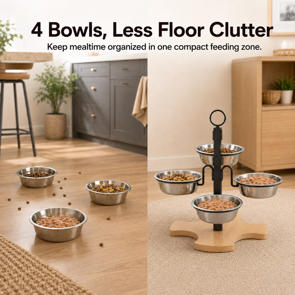 Ortekor 4-Bowl Elevated Pet Feeding Station for Cats & Small Dogs – 3-Level Bowl Positions, Removable Stainless Steel Bowls & Wooden Base for Cleaner, Organized Mealtimes