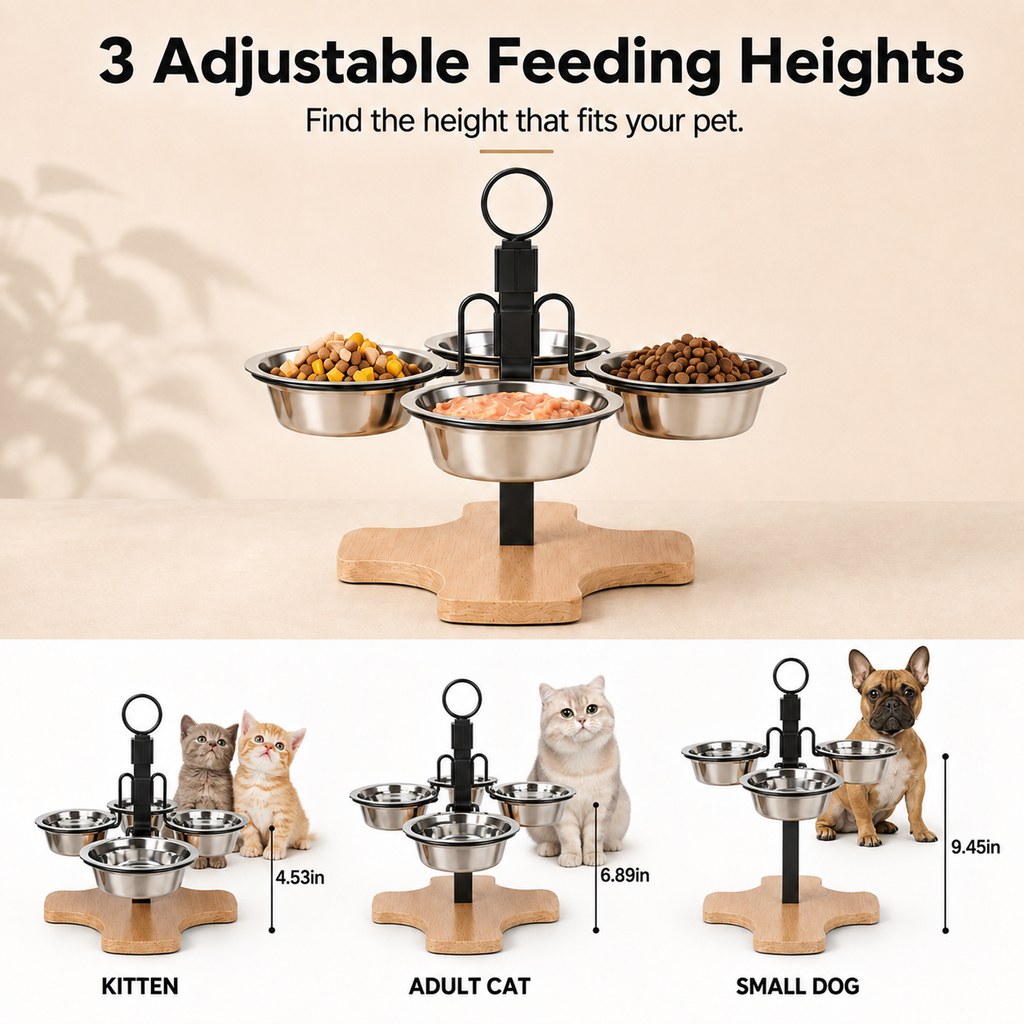 Ortekor 4-Bowl Elevated Pet Feeding Station for Cats & Small Dogs – 3-Level Bowl Positions, Removable Stainless Steel Bowls & Wooden Base for Cleaner, Organized Mealtimes