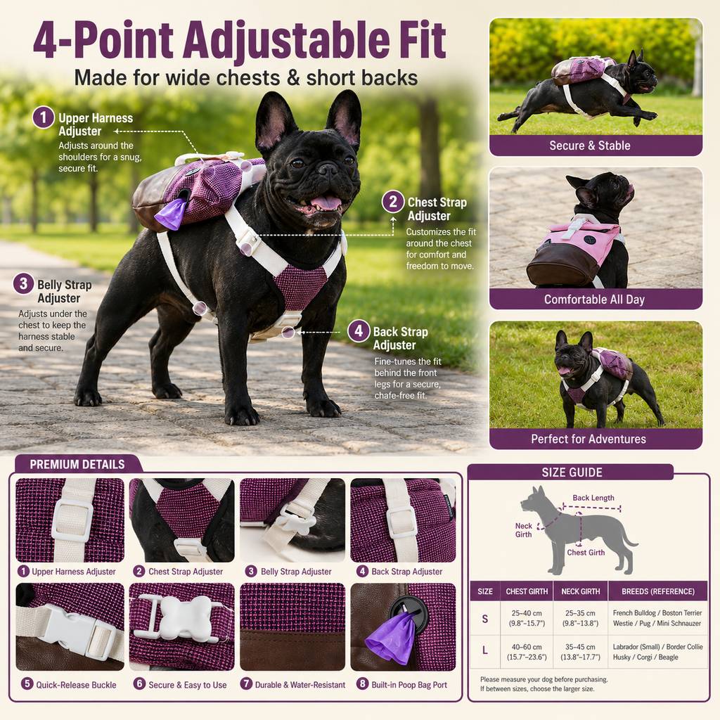Ortekor Frenchie Adventure Backpack Harness for Daily Walks - Carry Poop Bags, Treats & Keys Without Neck Pulling