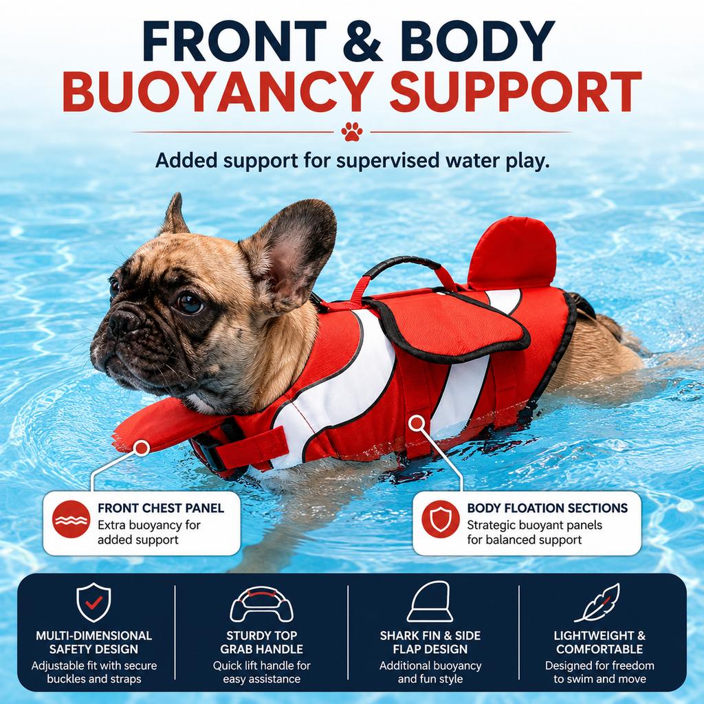 Ortekor French Bulldog Life Jacket for Pool, Beach & Boating - Adjustable Flotation Vest with Chin Support & Grab Handle