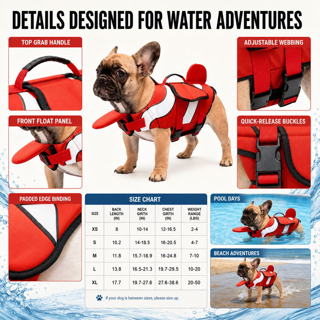 Ortekor French Bulldog Life Jacket for Pool, Beach & Boating - Adjustable Flotation Vest with Chin Support & Grab Handle