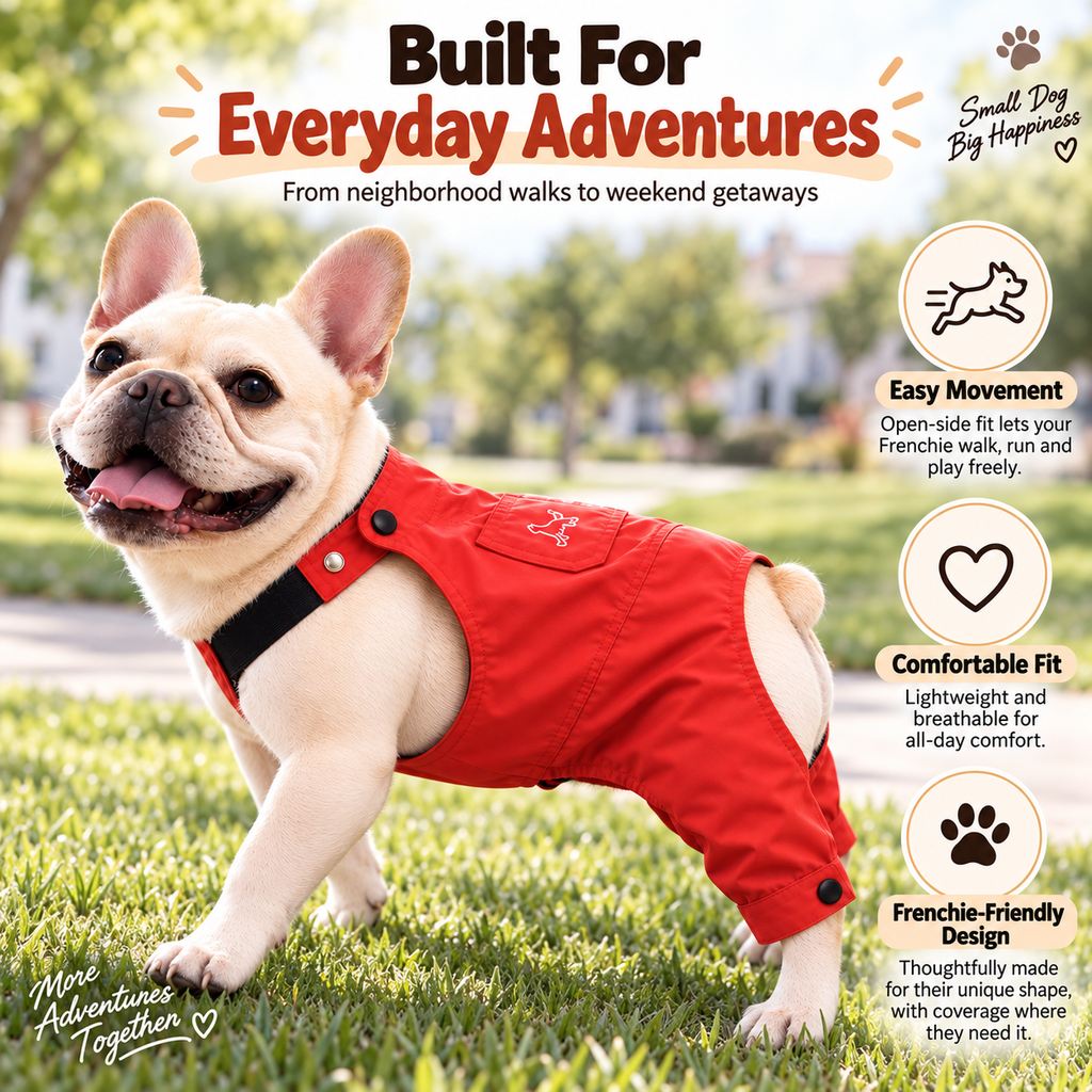 Ortekor French Bulldog Overalls Jumpsuit with Adjustable Straps – Comfortable Everyday Dog Outfit for Walks, Travel & Outdoor Adventures