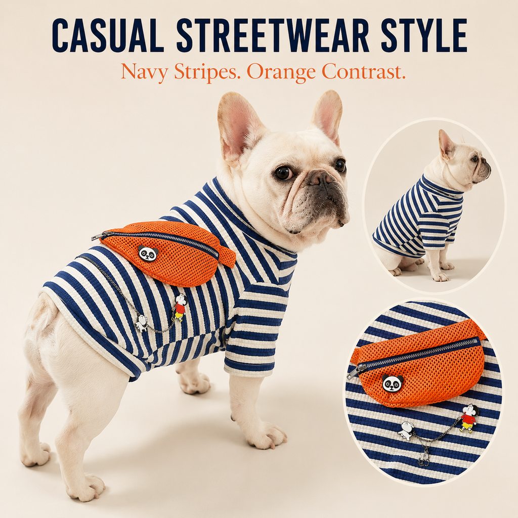 Ortekor French Bulldog Striped Pocket Pullover for Cool Indoor Spaces & Easy Walks - Broad-Chest Sizing